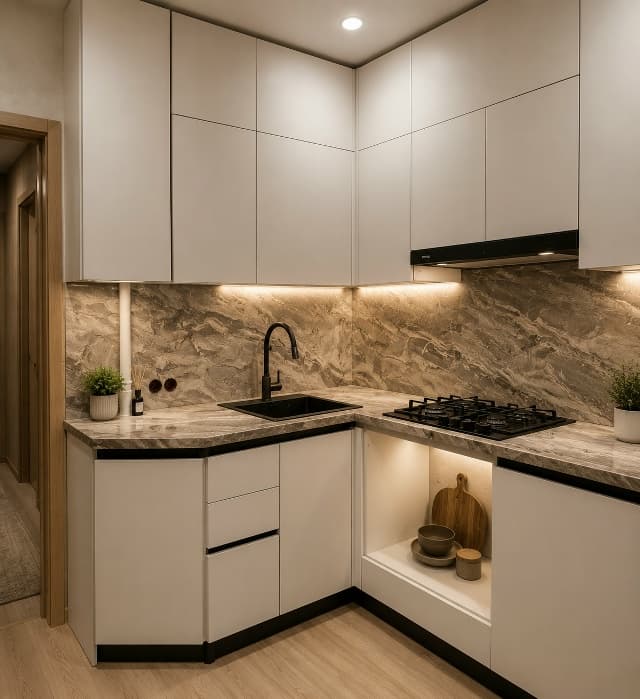 Открытая ниша в светлой кухне с декоративной подсветкой